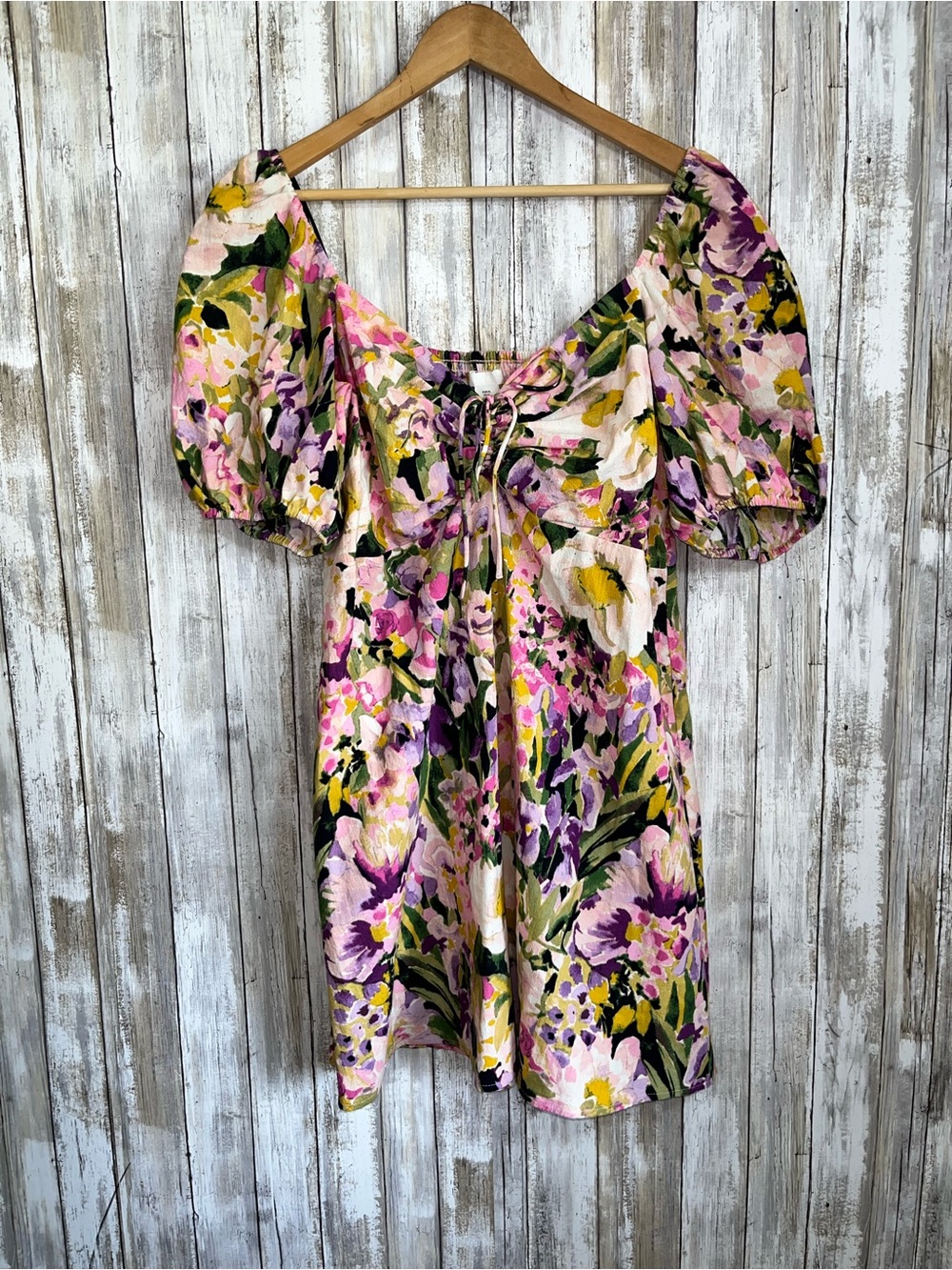 H&M Floral Puff Sleeve Mini Dress Cottagecore Square Neck XL - Picture 2 of 8